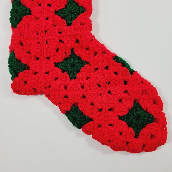 Vintage Crochet Knitted Christmas Stocking Red Green Handmade - Picture 3 of 7